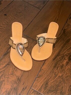 Beaded Taupe Toe-Post Sandals with Teardrop Accent